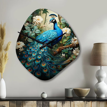 Teal Peacock Monochrome - Asymmetric Metal Wall Clock